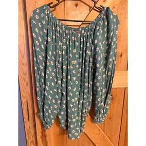 Billabong Teal Floral Smocked Off Shoulder‎ Long Sleeve Ruched Tie Front Top S/P